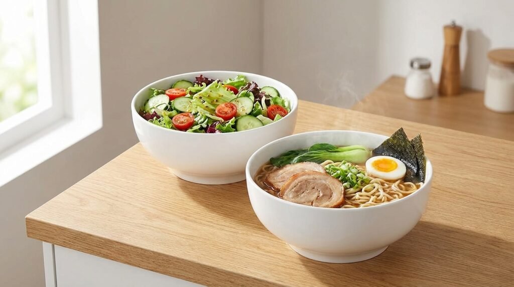 Two DOWAN white porcelain serving bowls on a kitchen counter, one with salad and one with noodles.
