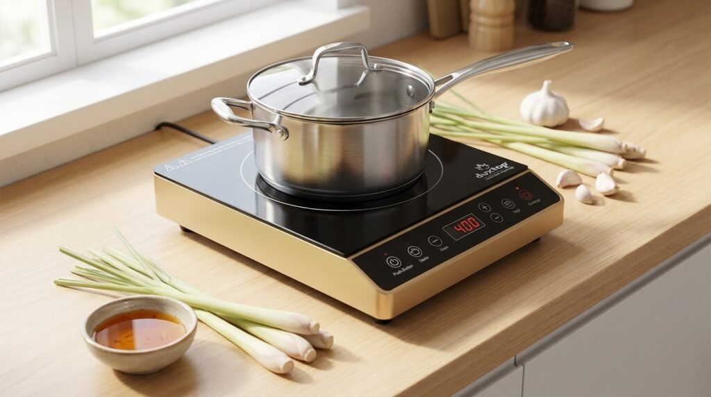 Duxtop 8100MC 1800W portable induction cooktop on a kitchen counter with a stainless steel pot and Southeast Asian cooking ingredients nearby.
