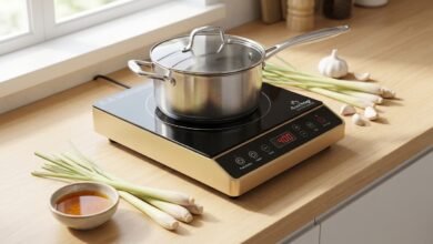 Duxtop 8100MC 1800W portable induction cooktop on a kitchen counter with a stainless steel pot and Southeast Asian cooking ingredients nearby.