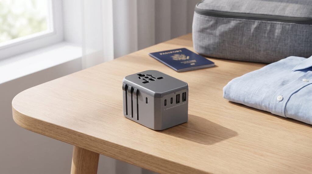 EPICKA universal travel adapter with USB-C and USB-A ports on a wooden surface beside a packing cube and passport