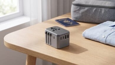 EPICKA universal travel adapter with USB-C and USB-A ports on a wooden surface beside a packing cube and passport