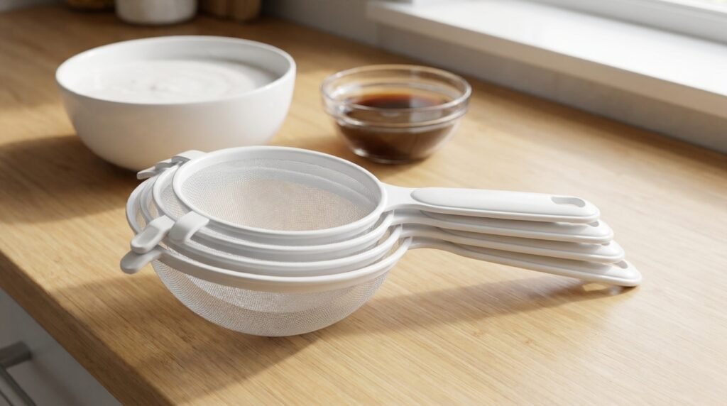 Four fine mesh strainers with different mesh sizes stacked on a kitchen counter, with bowls of coconut milk and tamarind water nearby.
