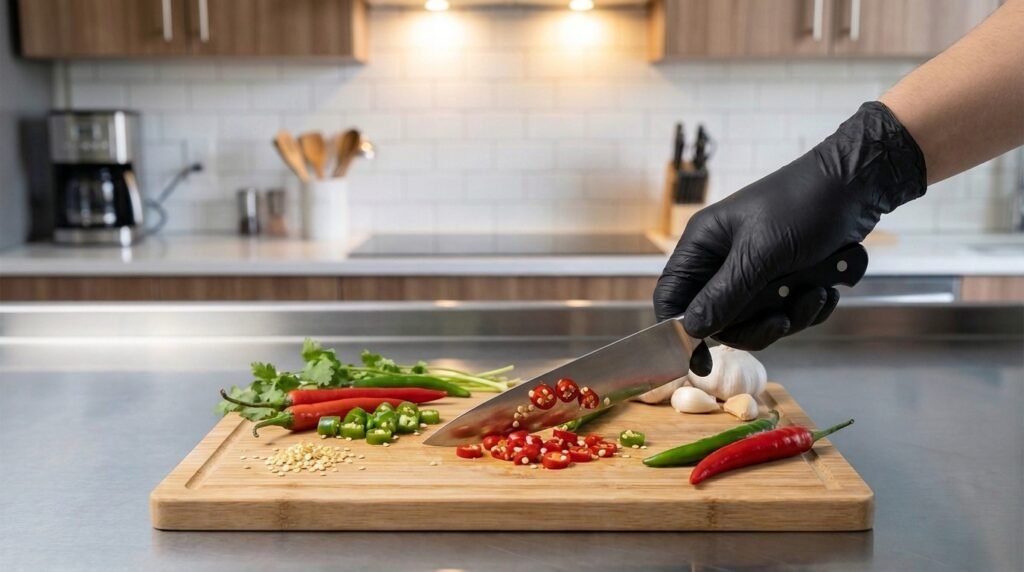 A black nitrile disposable glove on a wooden cutting board with chili peppers and garlic in the background.