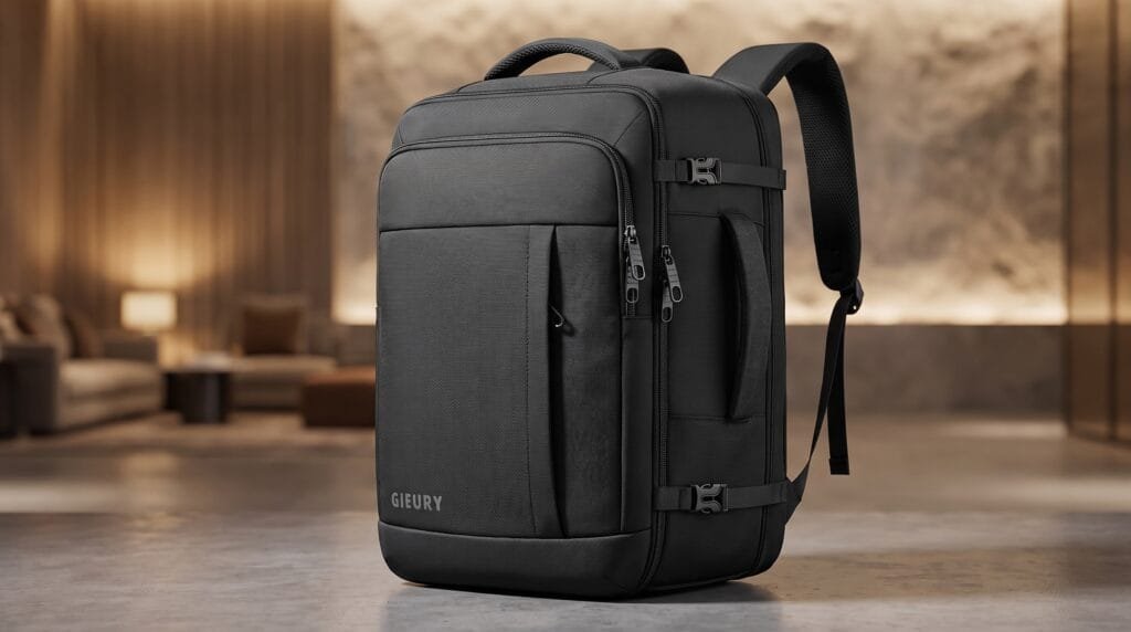 Gieury 50L carry-on travel backpack with expandable capacity and TSA lay-flat laptop compartment, placed on a hotel room floor in Cambodia.