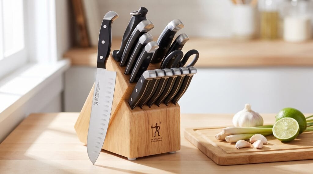 Henckels Statement 15-piece knife block set on a kitchen counter with garlic and lemongrass nearby