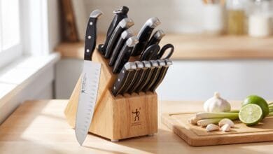 Henckels Statement 15-piece knife block set on a kitchen counter with garlic and lemongrass nearby