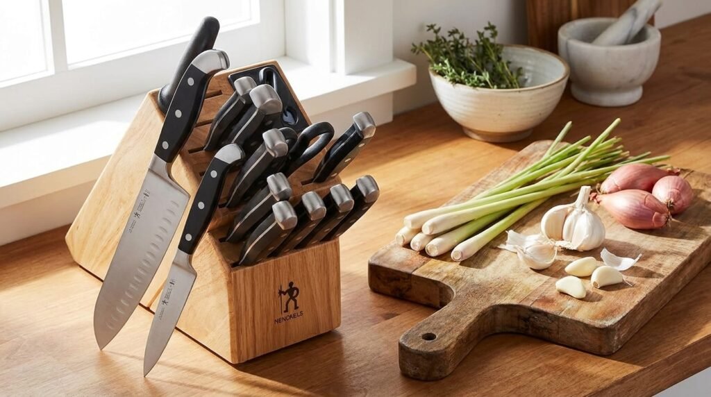 Henckels Statement 20-piece knife set with self-sharpening block on a kitchen counter with fresh ingredients
