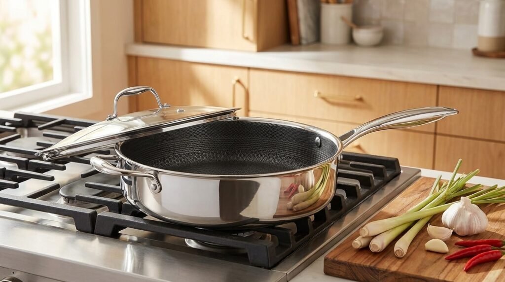 HexClad 5.5 Qt Hybrid Nonstick Deep Sauté Pan with tempered glass lid on a stovetop.