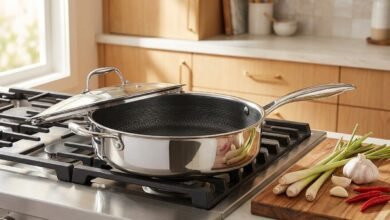 HexClad 5.5 Qt Hybrid Nonstick Deep Sauté Pan with tempered glass lid on a stovetop.