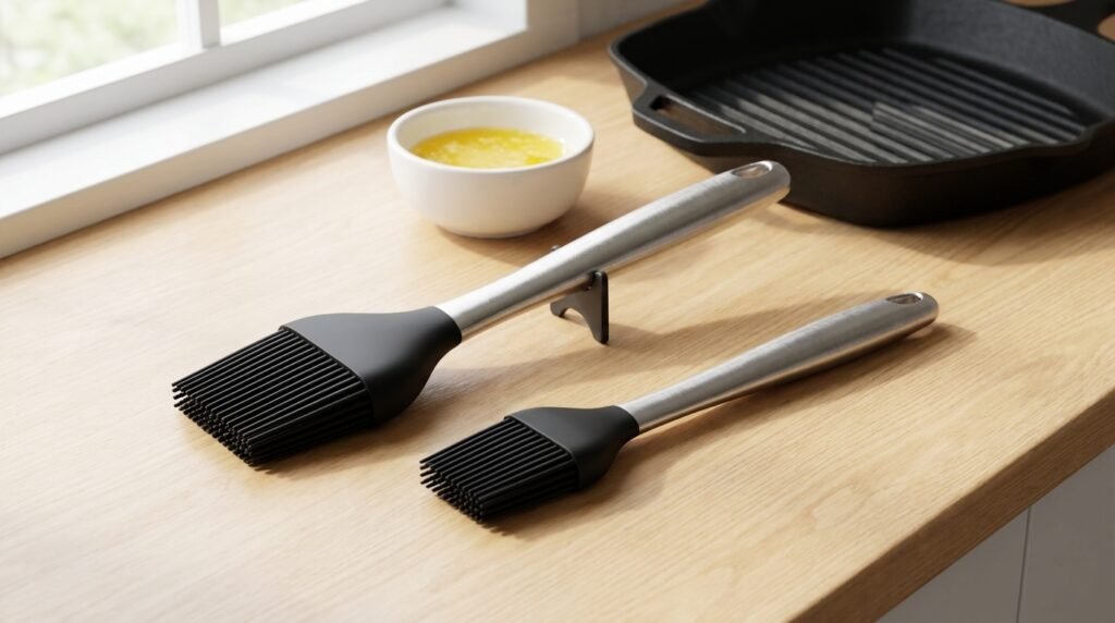 Two HOTEC silicone basting brushes on a kitchen counter next to a bowl of melted butter.