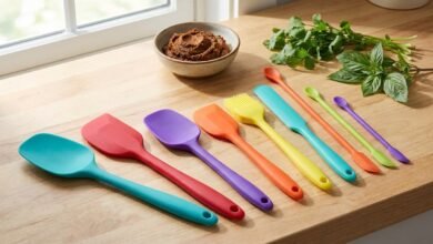 HOTEC 9-piece silicone spatula set in multiple colors arranged on a wooden kitchen counter