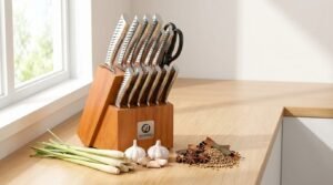 imarku 14-piece kitchen knife set in a wooden block with lemongrass, garlic, and spices on a kitchen counter
