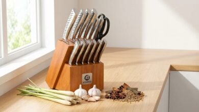 imarku 14-piece kitchen knife set in a wooden block with lemongrass, garlic, and spices on a kitchen counter