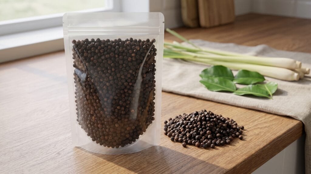 Bag of organic black Kampot peppercorns from Cambodia, 8 ounce size, with whole dried peppercorns visible.
