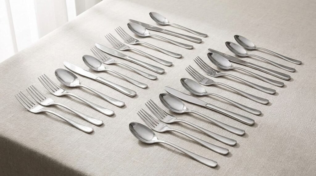 KINGSTONE 40-piece silverware set arranged on a linen surface with dinner forks, knives, spoons, and teaspoons visible.