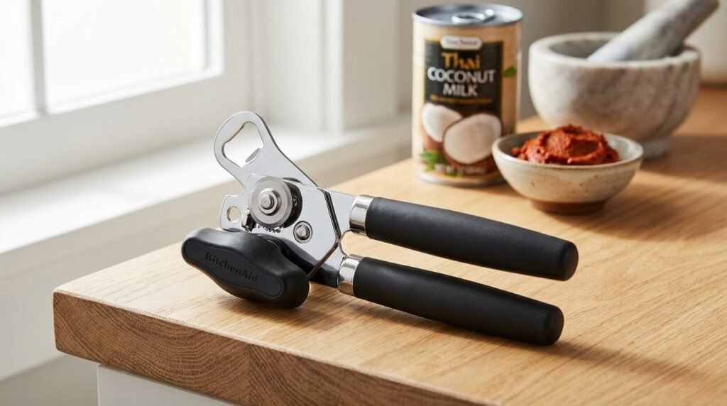 Black KitchenAid Classic Multifunction Can Opener and Bottle Opener on a kitchen counter with a can of coconut milk in the background.