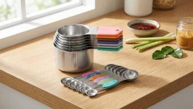 Magnetic measuring cups and spoons set in stainless steel, nested together on a kitchen counter with Cambodian cooking ingredients in the background.