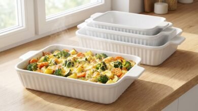 MALACASA ceramic baking dish set of four rectangular white dishes arranged on a kitchen counter.