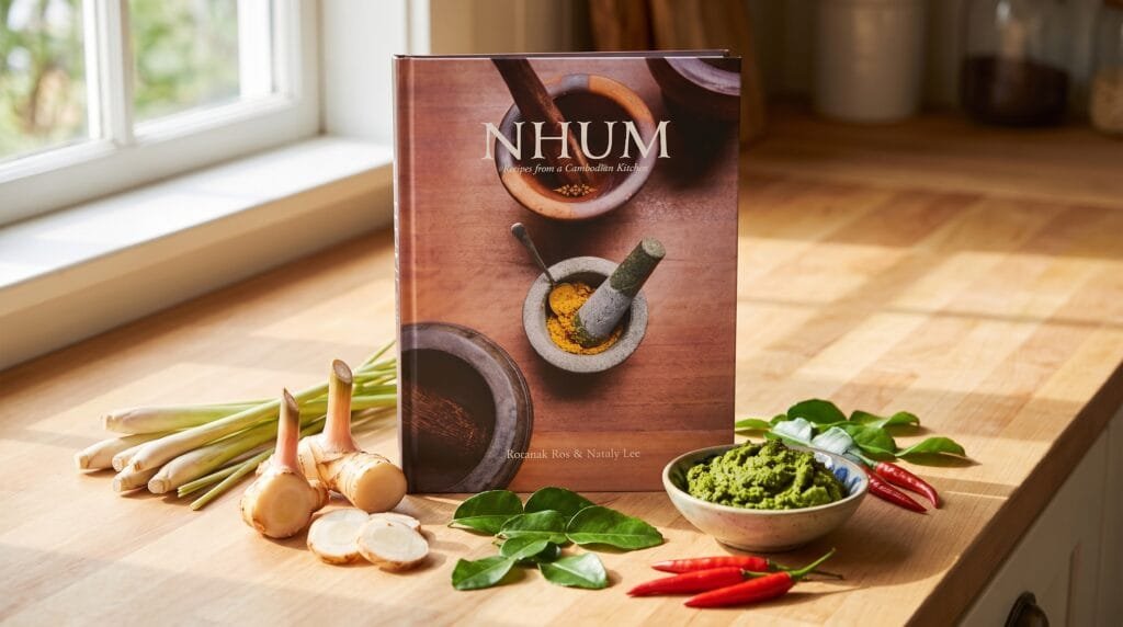 NHUM: Recipes from a Cambodian Home Kitchen cookbook by Chef Nak shown on a kitchen counter with Cambodian ingredients.