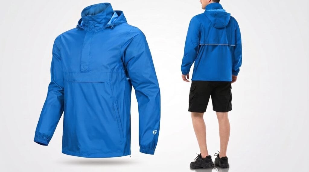 Outdoor Ventures packable rain jacket folded next to a travel daypack and Cambodia travel essentials on a wooden surface.