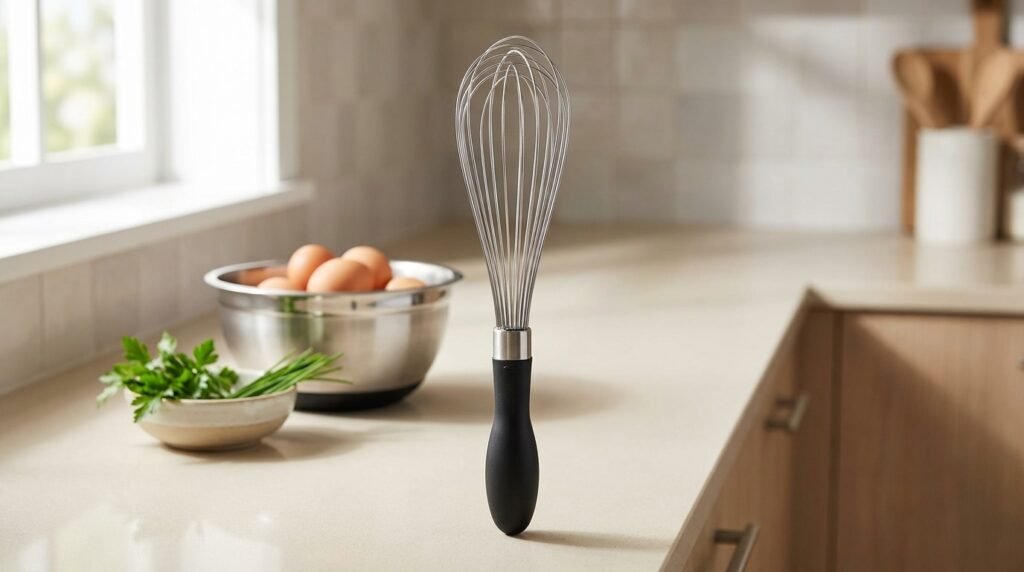 OXO Good Grips 11-Inch Balloon Whisk with stainless steel wires and a soft black handle on a kitchen counter.