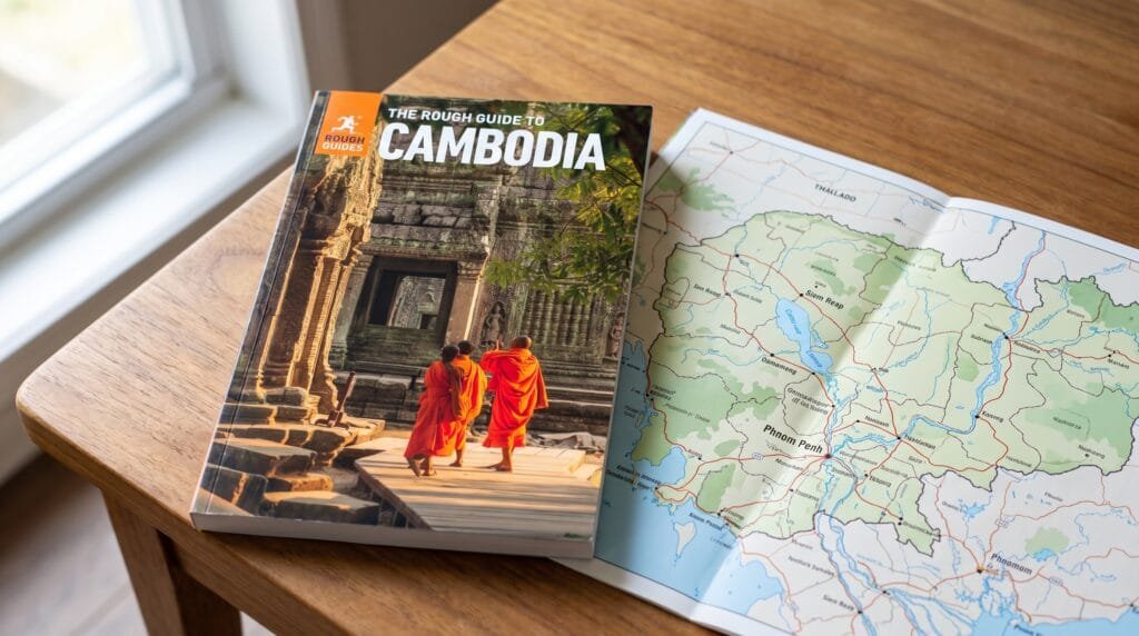 The Rough Guide to Cambodia 7th edition paperback travel guide resting on a wooden table with a colour map of Cambodia open beside it.