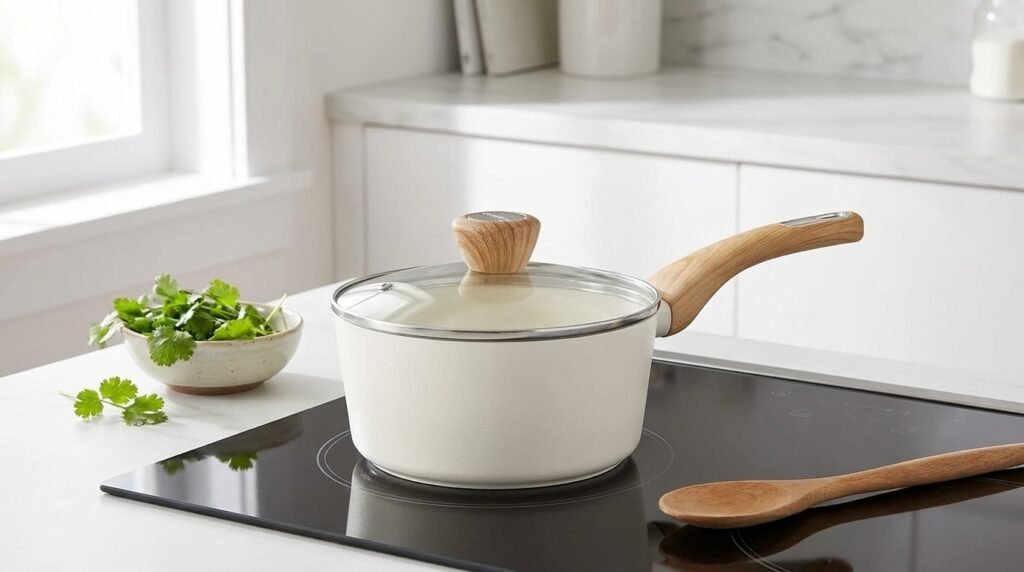 SENSARTE 1.5 quart white ceramic nonstick saucepan with glass lid on an induction stovetop