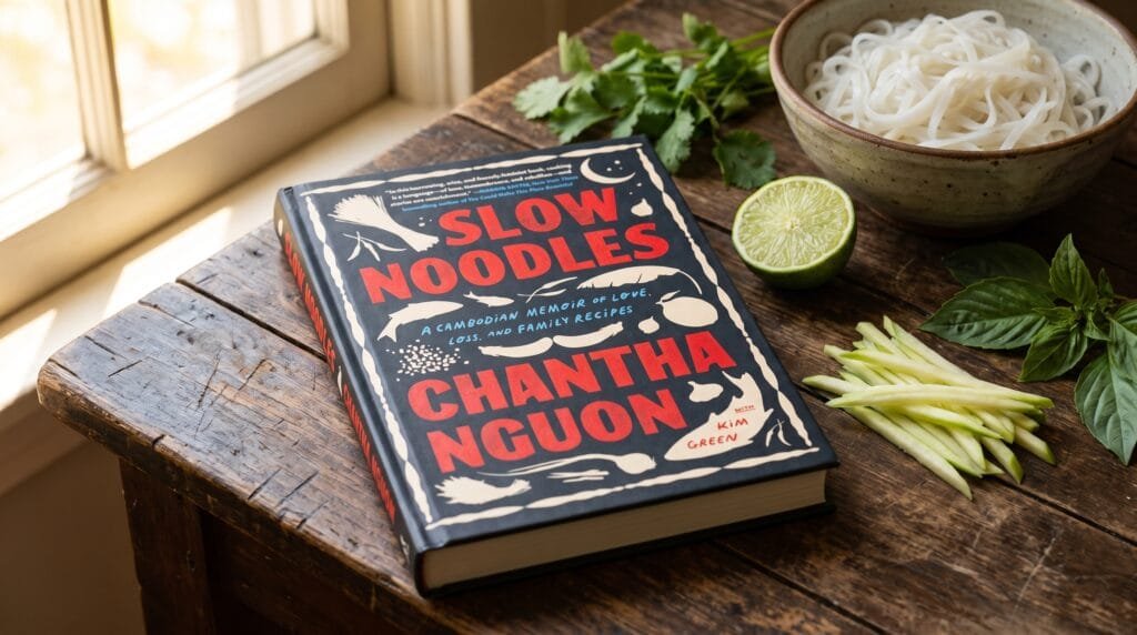 Slow Noodles: A Cambodian Memoir of Love, Loss, and Family Recipes book cover on a wooden kitchen table with fresh ingredients