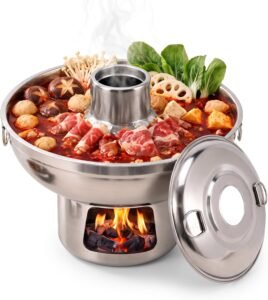 Stainless steel dry ice hot pot on a wooden table