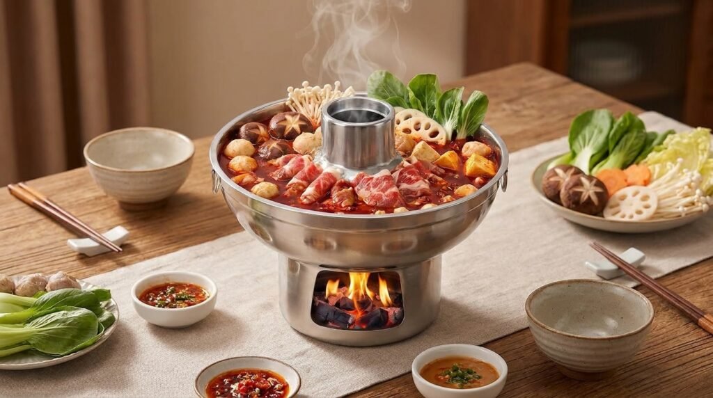 Stainless steel dry ice hot pot on a wooden table with fog flowing around ice cream.