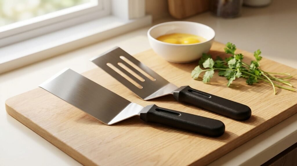 Two stainless steel spatulas, one slotted and one solid, resting on a wooden cutting board in a home kitchen.