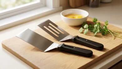 Two stainless steel spatulas, one slotted and one solid, resting on a wooden cutting board in a home kitchen.