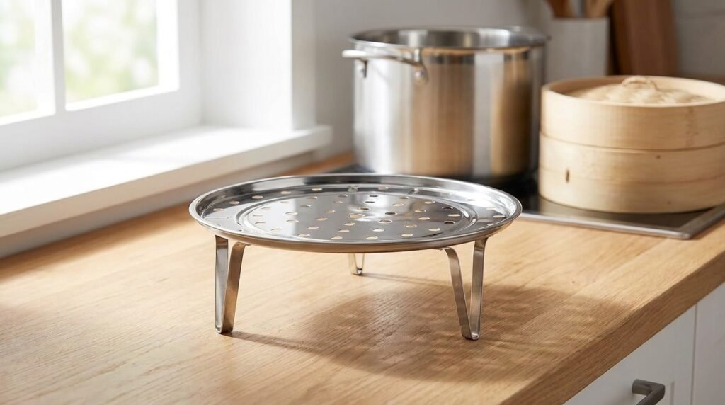 Round stainless steel steamer rack with detachable legs on a kitchen counter, with a stock pot in the background.