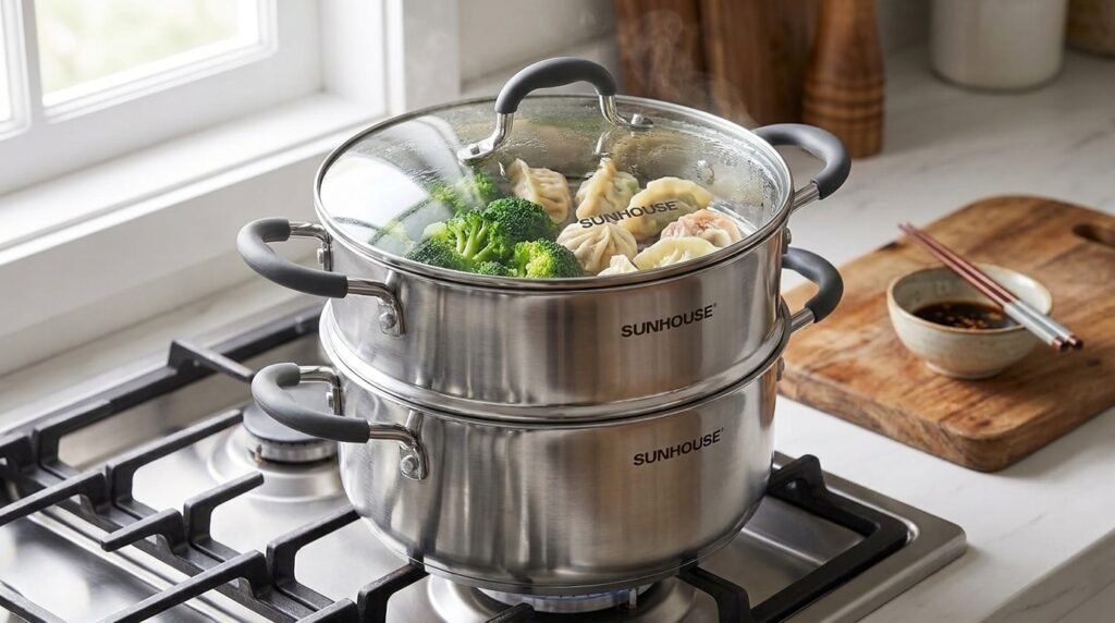 SUNHOUSE 4.6 QT stainless steel steamer pot on a stovetop with vegetables and dumplings in the steamer basket.