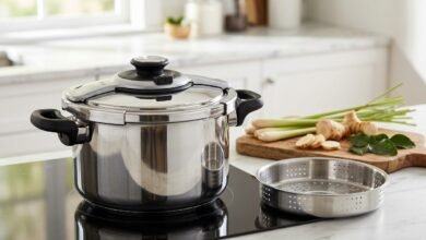 T-fal Clipso 6.3-quart stainless steel pressure cooker on a stovetop with steam basket beside it.