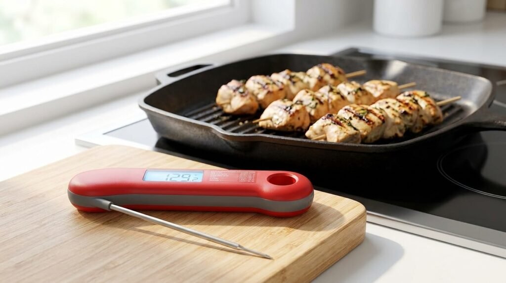 ThermoMaven digital meat thermometer with folding probe on a wooden cutting board in a home kitchen.