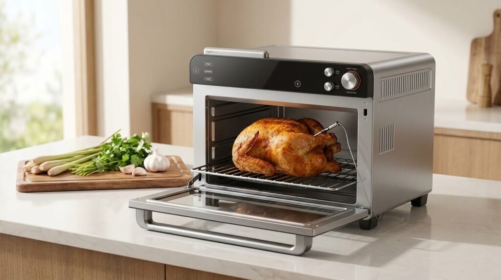 Typhur Sync Oven countertop air fryer toaster oven with a whole roasted chicken inside