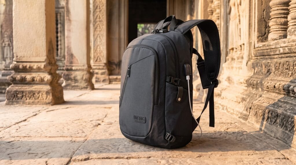 Black WENIG anti-theft travel backpack with USB port and lock, placed on a wooden bench near a Cambodia temple entrance