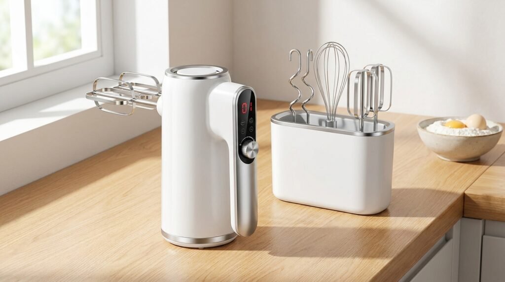 Yomelo 9-speed digital hand mixer with stainless steel attachments and snap-on storage case on a kitchen counter