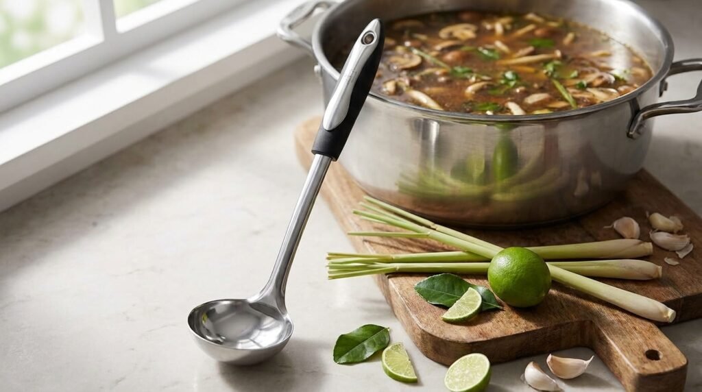 Zulay Kitchen 12-inch stainless steel soup ladle standing on a kitchen counter next to a pot of soup.