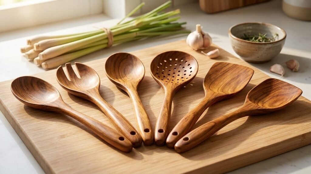 Zulay Kitchen 6-piece teak wooden utensil set arranged on a cutting board in a home kitchen.